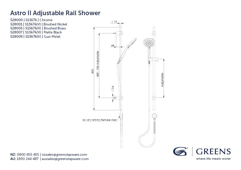 Greens Astro II Adjustable Rail Shower - Chrome