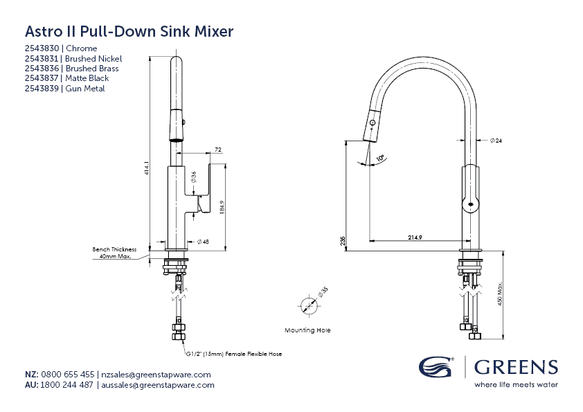 Greens Astro II Pull-Down Sink Mixer - Brushed Nickel