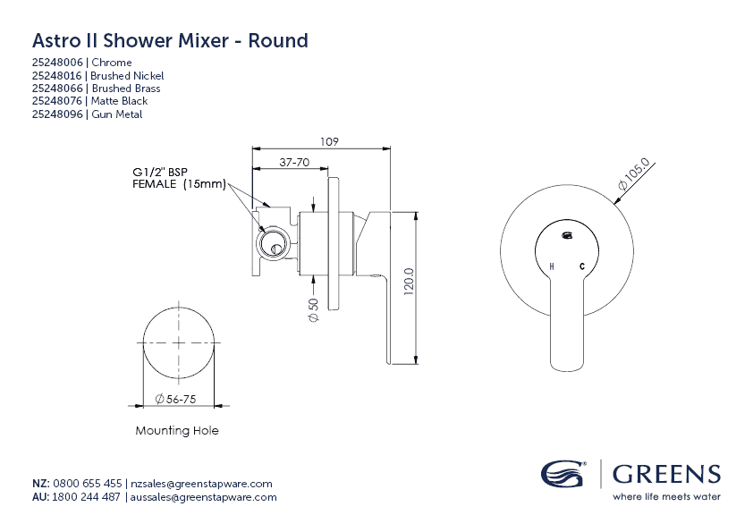 Greens Astro II Shower Mixer – Round - Brushed Brass