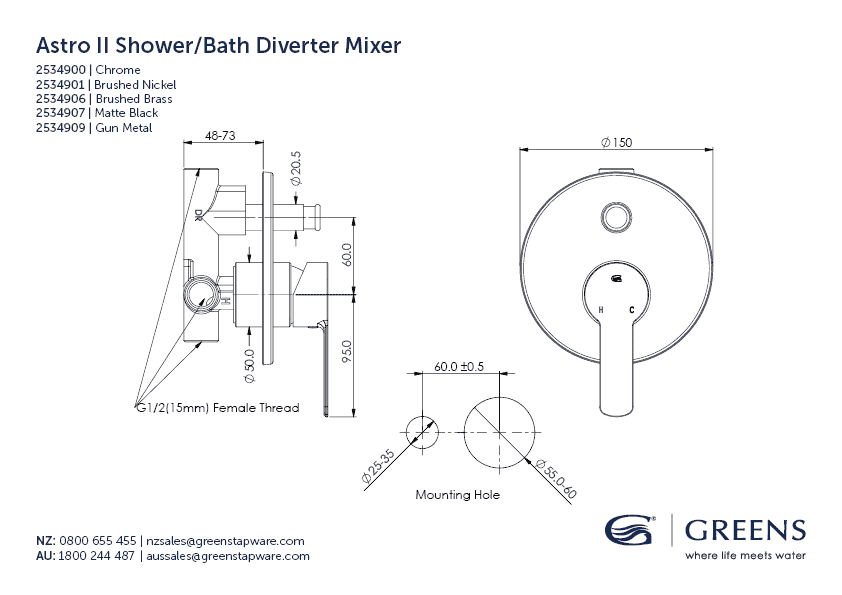 Greens Astro II Shower/Bath Diverter Mixer - Brushed Nickel