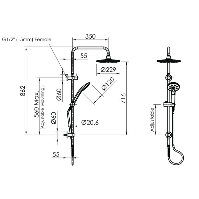 Greens Astro II Twin Rail Shower - Brushed Nickel