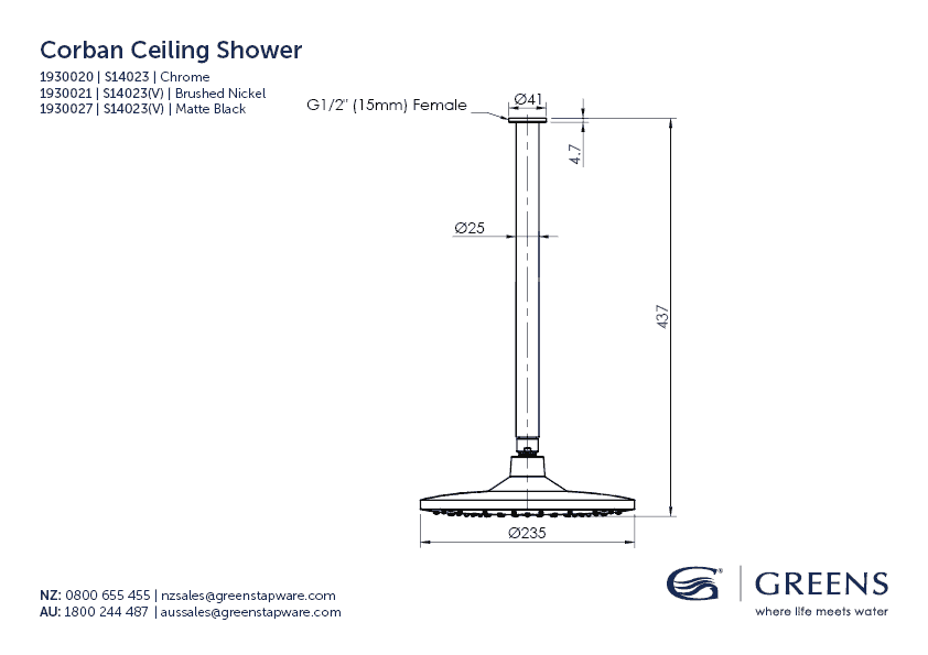 Greens Corban Ceiling Shower - Brushed Nickel