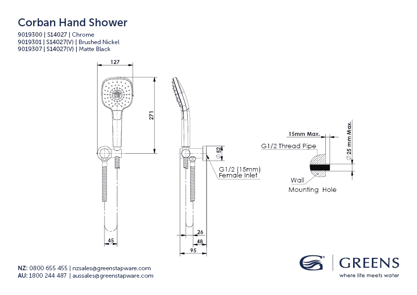 Greens Corban Hand Shower with Wall Outlet Bracket - Chrome