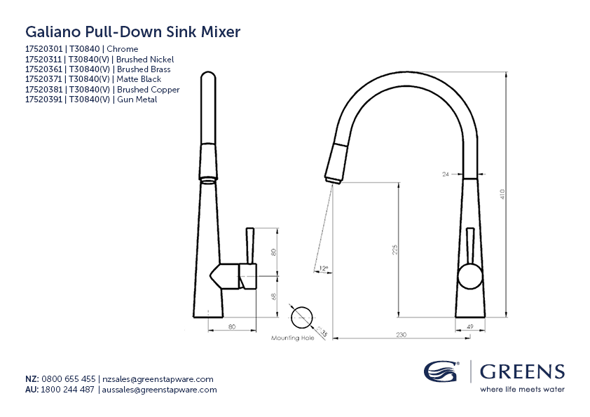 Greens Galiano Pull-Down Sink Mixer - Matte Black