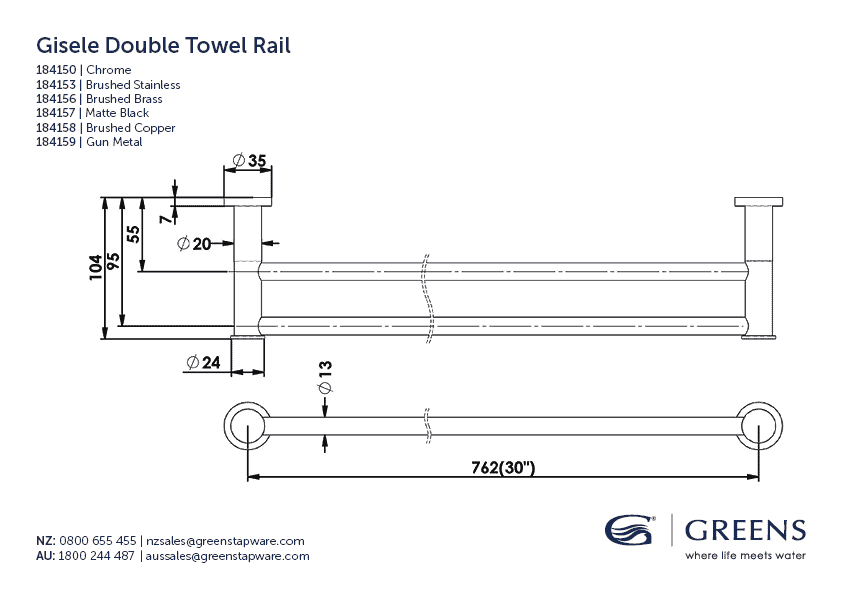 Greens Gisele Double Towel Rail - Brushed Stainless