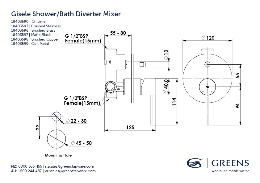 Greens Gisele Shower/Bath Diverter Mixer - Brushed Stainless