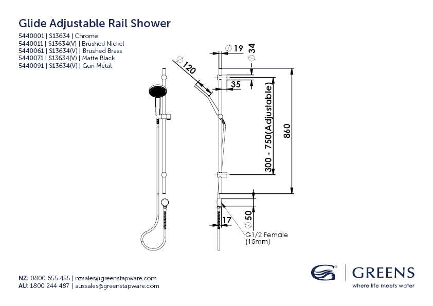 Greens Glide RainBoost Adjustable Rail Shower - Brushed Brass