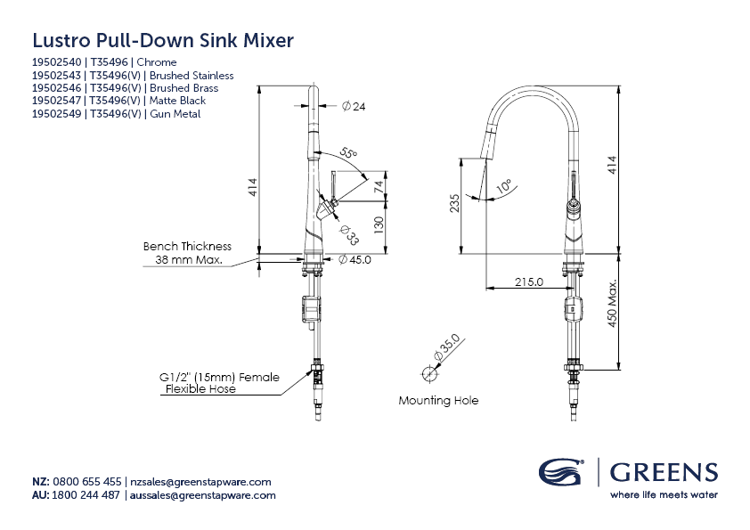 Greens Lustro Pull-Down Sink Mixer - Chrome