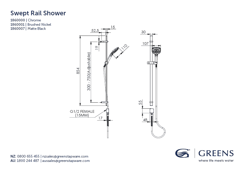 Greens Skyla Airflo Rail Shower - Chrome