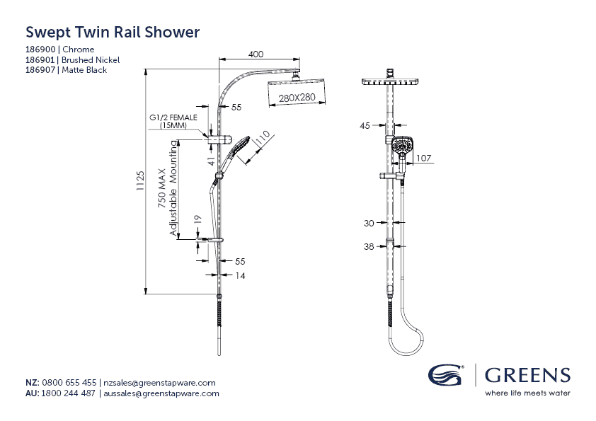 Greens Skyla Airflo Twin Rail Shower - Brushed Nickel