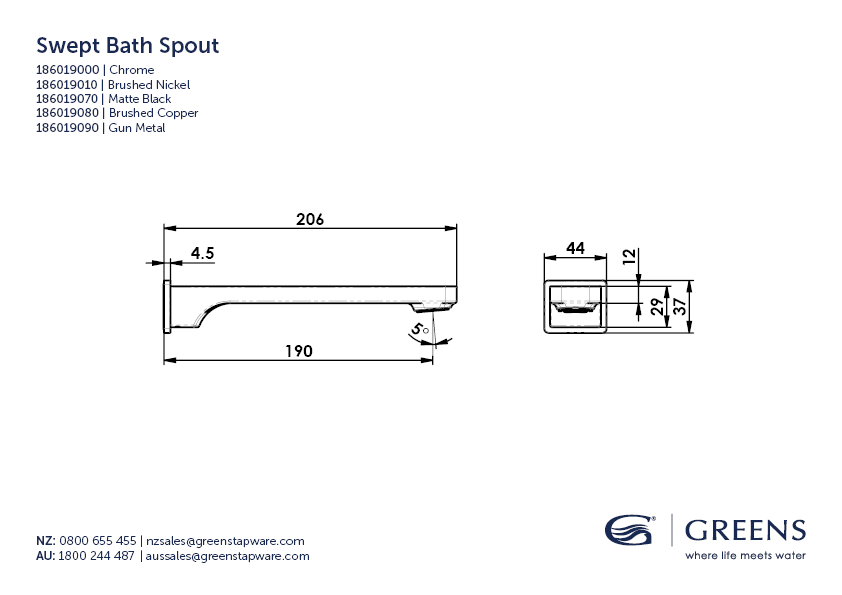 Greens Swept Bath Spout - Gun Metal