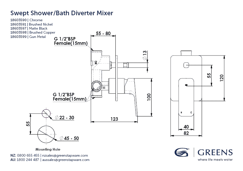 Greens Swept Shower/Bath Diverter Mixer - Brushed Nickel