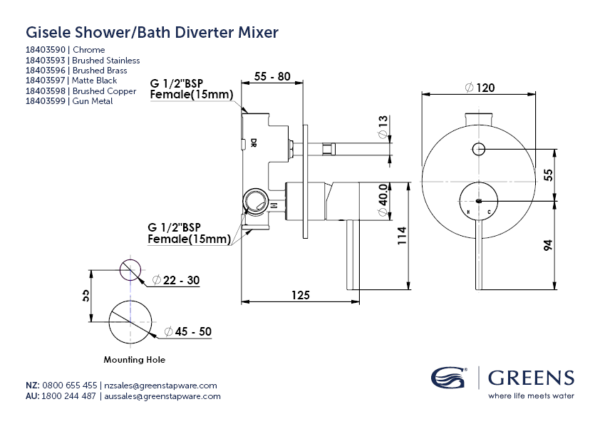 Greens Tesora Shower Mixer Diverter - Brushed Brass