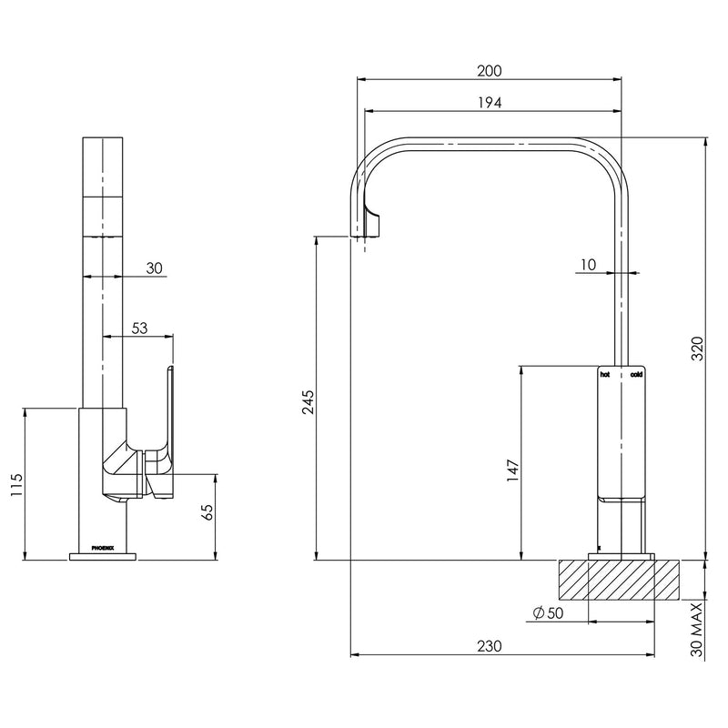 Phoenix Gloss Sink Mixer 200mm Squareline - Chrome