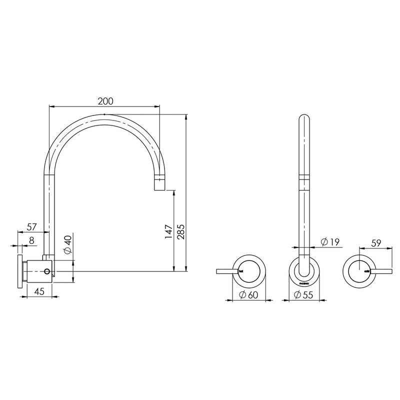 Phoenix Vivid Pin Lever Wall Sink Set Gooseneck - Chrome