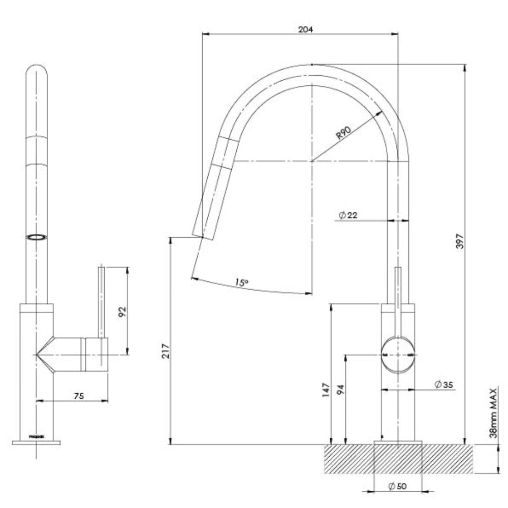 Phoenix Vivid Slimline Pull Out Sink Mixer Matte Black