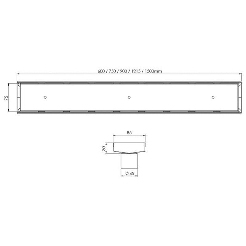 Phoenix V Channel 75mm Tile Insert Drain 45mm Outlet - Black Matte